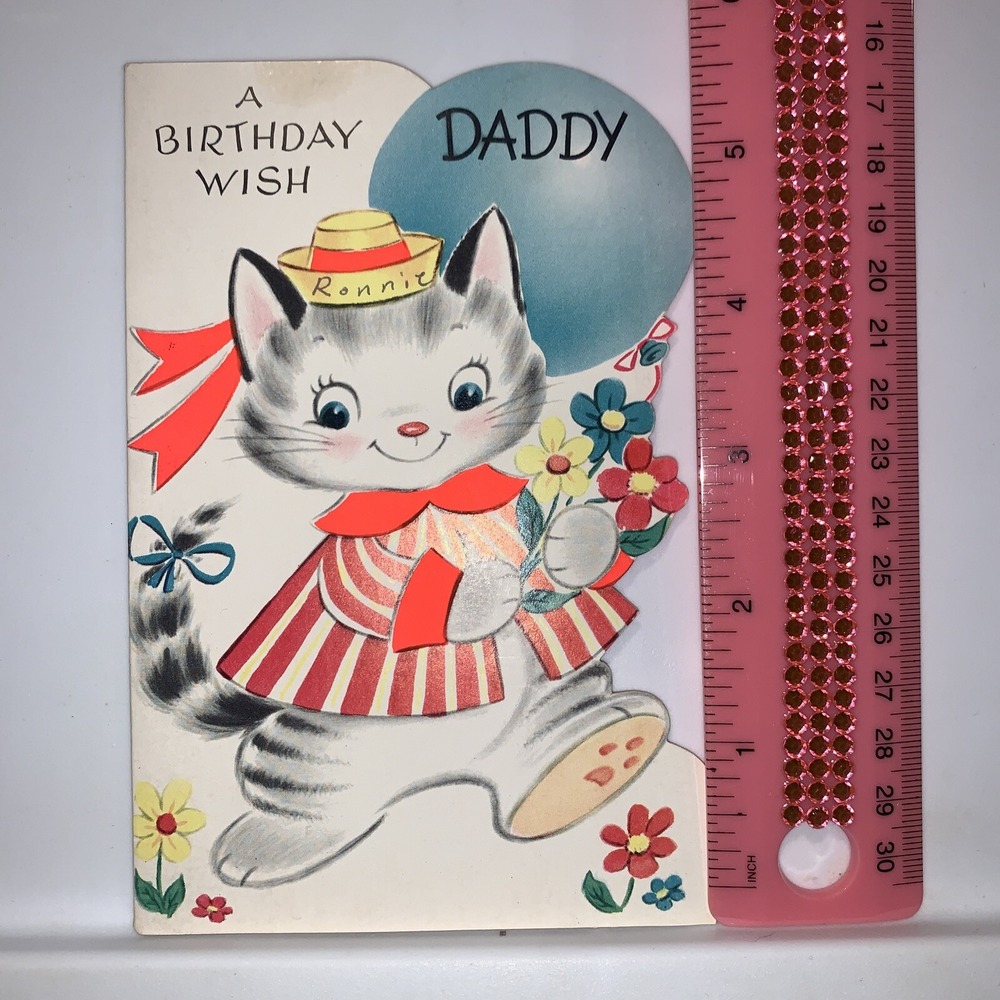 Vintage 1960's Birthday Wish Daddy Greeting Card Cat Flowers